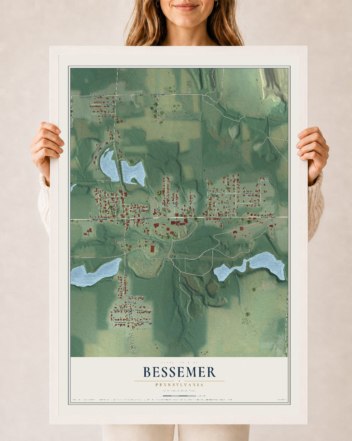 Map of Bessemer, Pennsylvania, 24 x 36 inch print in a white wood frame