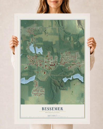 Map of Bessemer, Pennsylvania, 24 x 36 inch print in a white wood frame