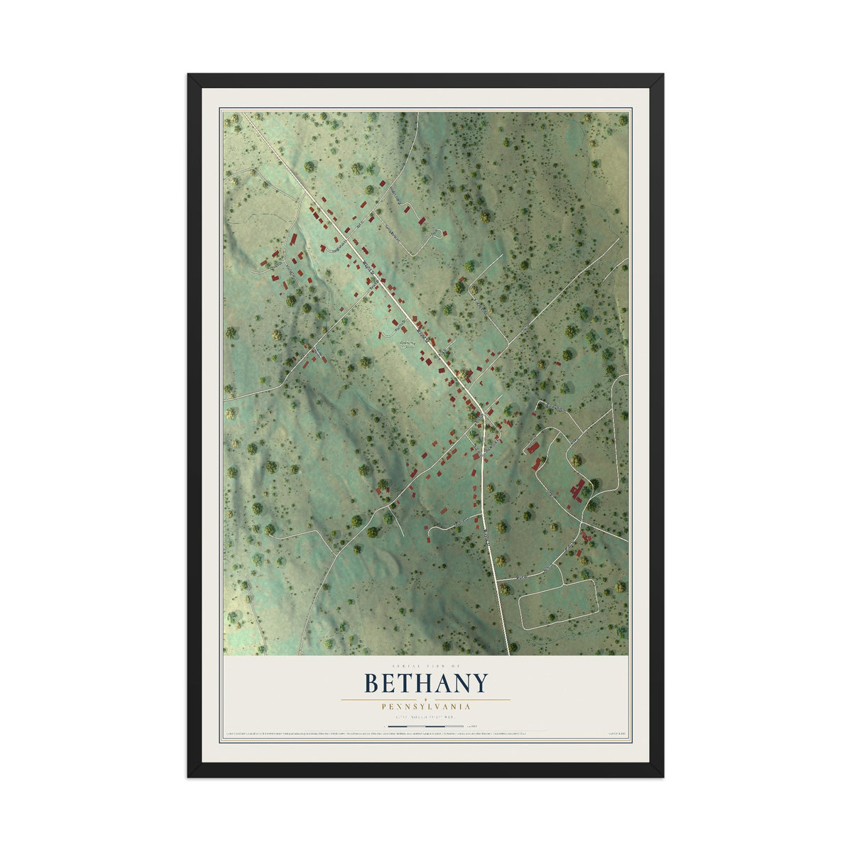Map of Bethany, Pennsylvania, 12 x 18 inch print in a black wood frame
