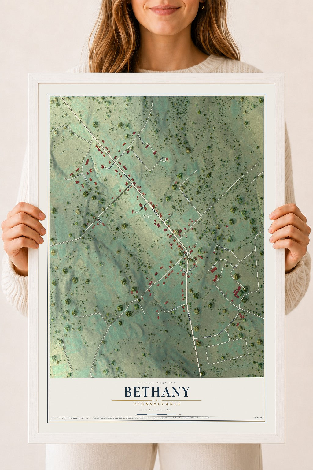 Map of Bethany, Pennsylvania, 18 x 24 inch print in a white wood frame