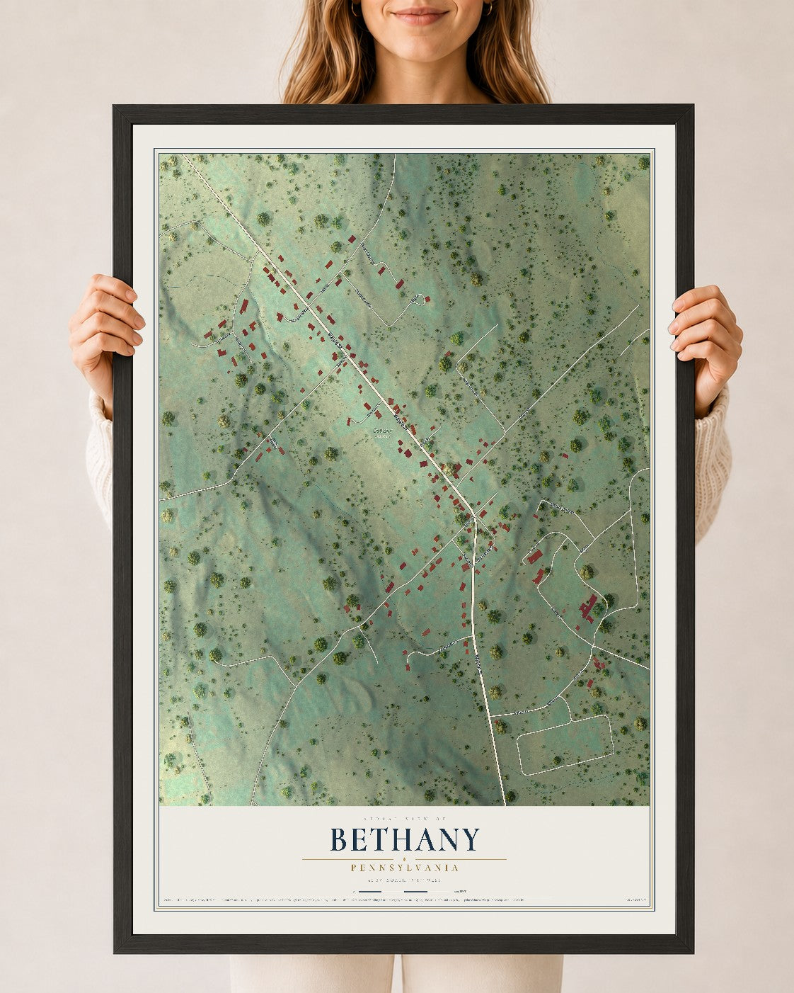 Map of Bethany, Pennsylvania, 24 x 36 inch print in a black wood frame
