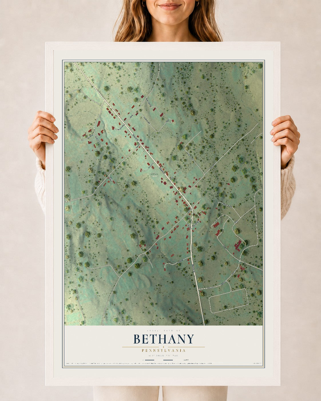 Map of Bethany, Pennsylvania, 24 x 36 inch print in a white wood frame