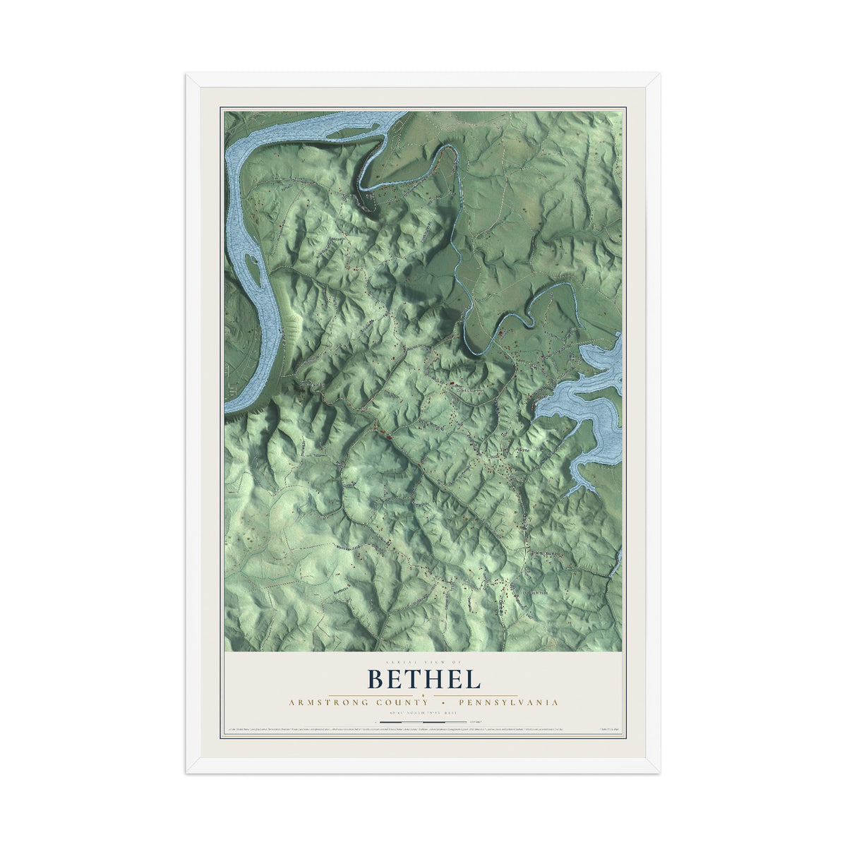 Map of Bethel, Armstrong County, Pennsylvania, 12 x 18 inch print in a white wood frame