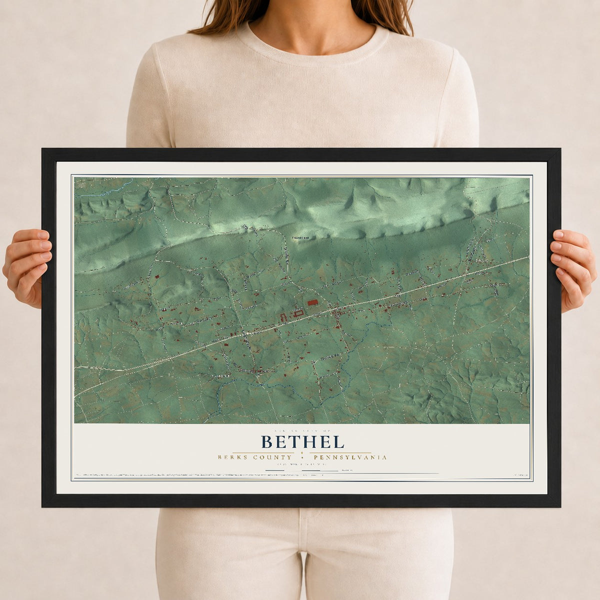 Map of Bethel, Berks County, Pennsylvania, 12 x 18 inch print in a black wood frame