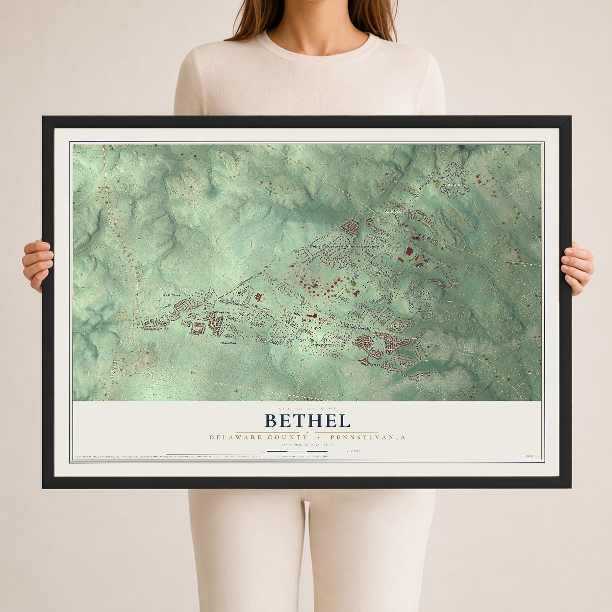 Map of Bethel, Delaware County, Pennsylvania, 24 x 36 inch print in a black wood frame