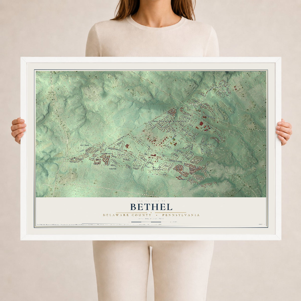 Map of Bethel, Delaware County, Pennsylvania, 24 x 36 inch print in a white wood frame