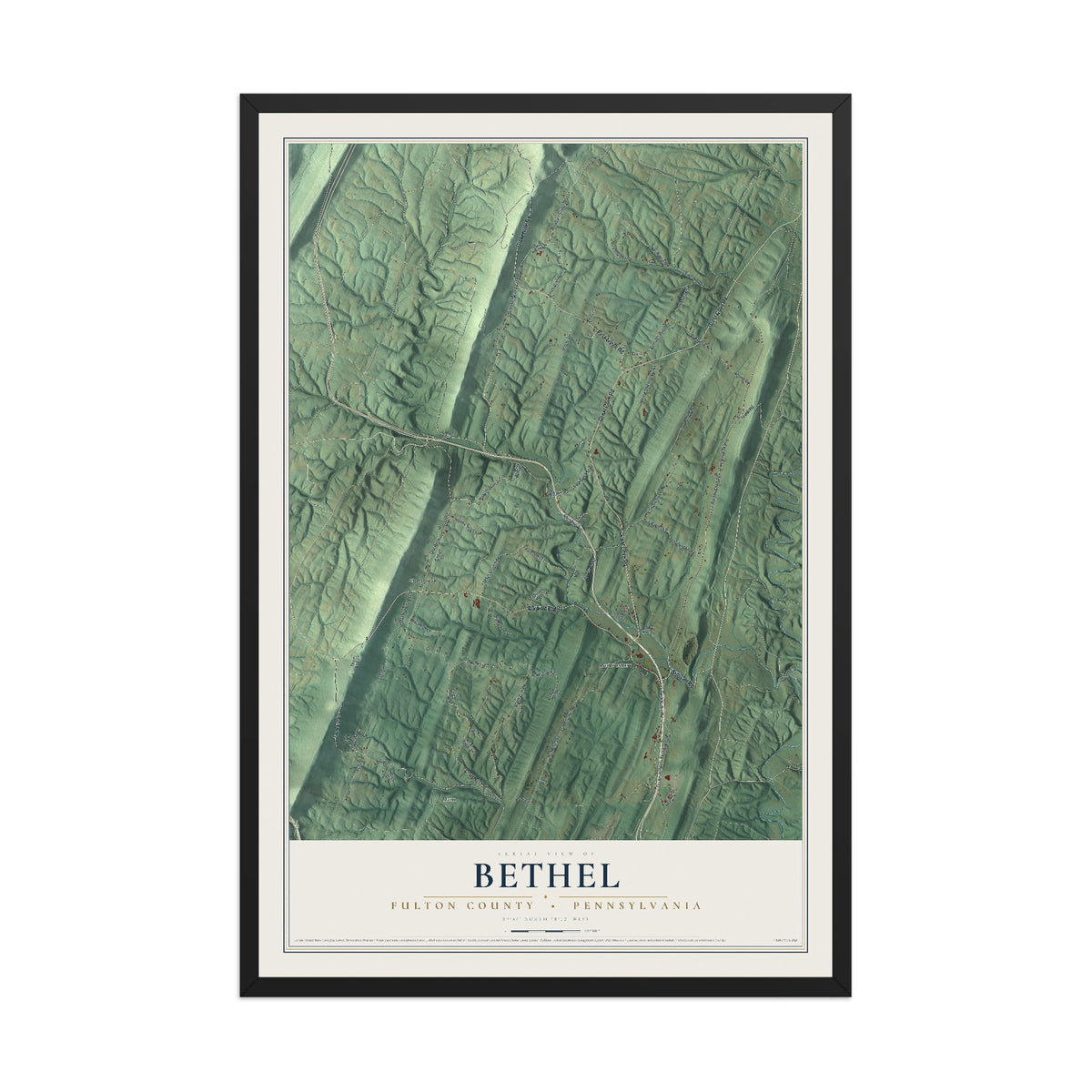 Map of Bethel, Fulton County, Pennsylvania, 12 x 18 inch print in a black wood frame