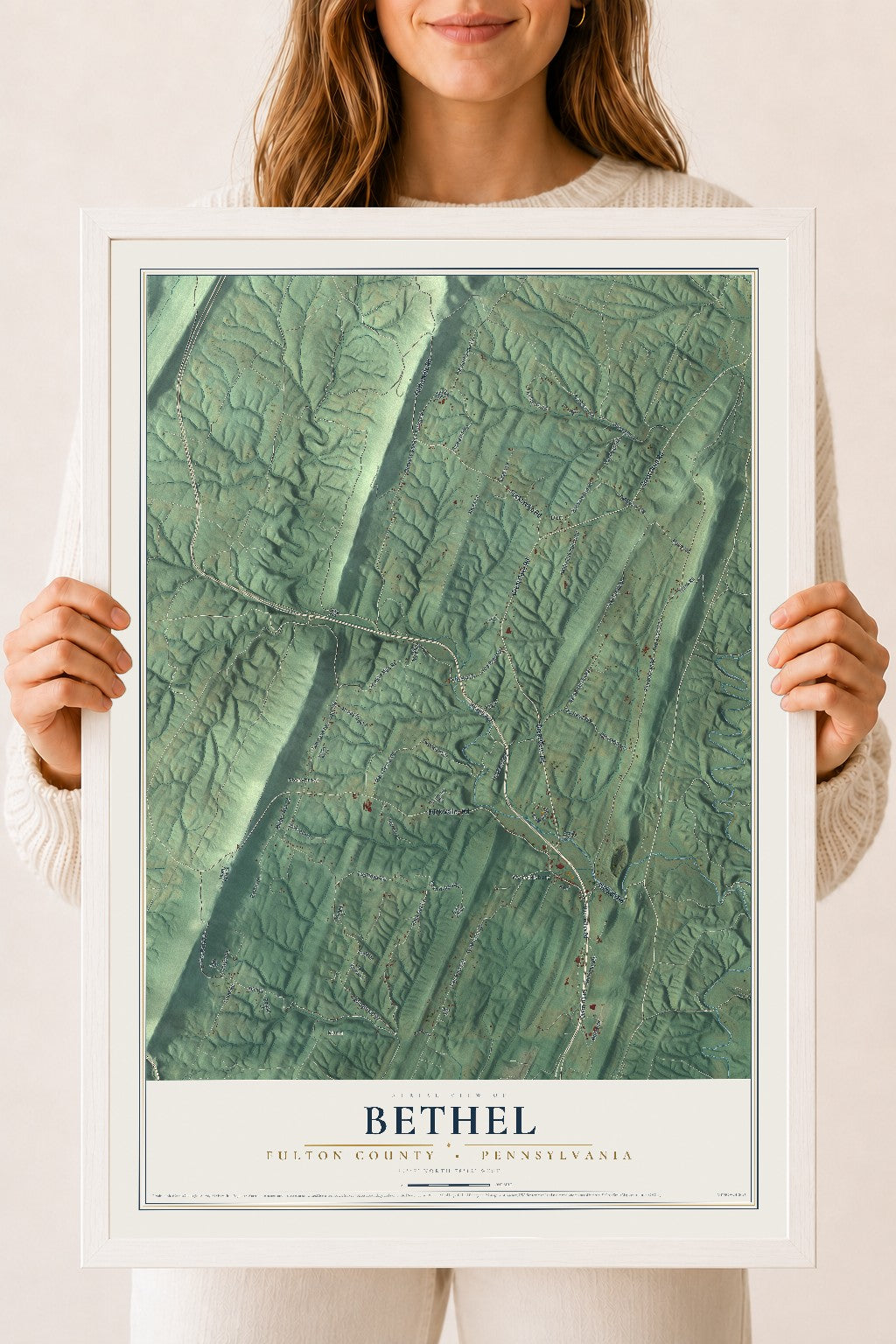 Map of Bethel, Fulton County, Pennsylvania, 18 x 24 inch print in a white wood frame