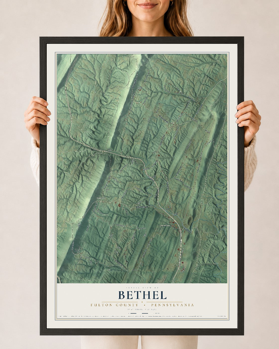 Map of Bethel, Fulton County, Pennsylvania, 24 x 36 inch print in a black wood frame
