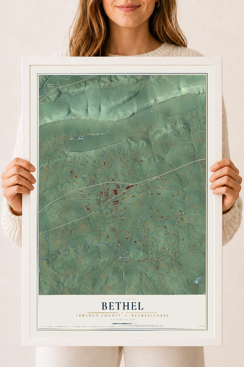 Map of Bethel, Lebanon County, Pennsylvania, 18 x 24 inch print in a white wood frame
