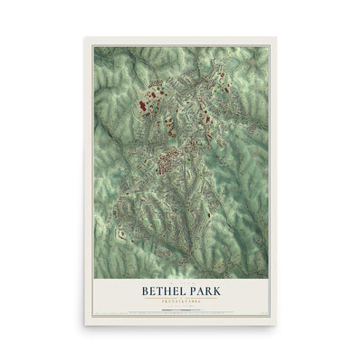 Map of Bethel Park, Pennsylvania, 12 x 18 inch unframed archival matte print
