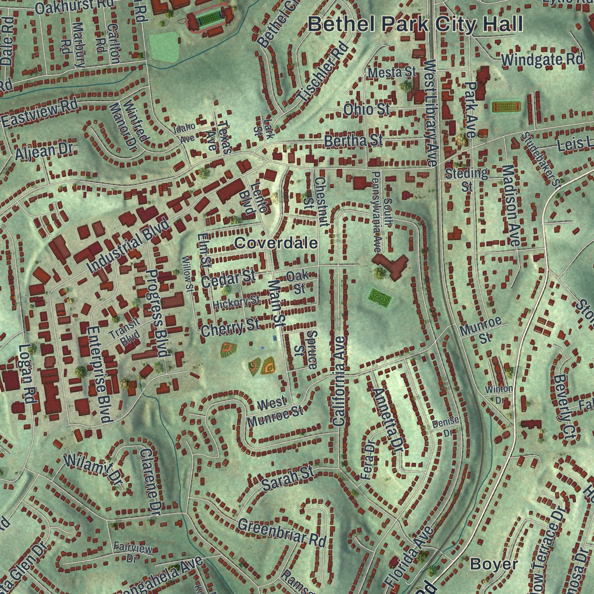 Close-up of the map of Bethel Park, Pennsylvania print showing street and building detail