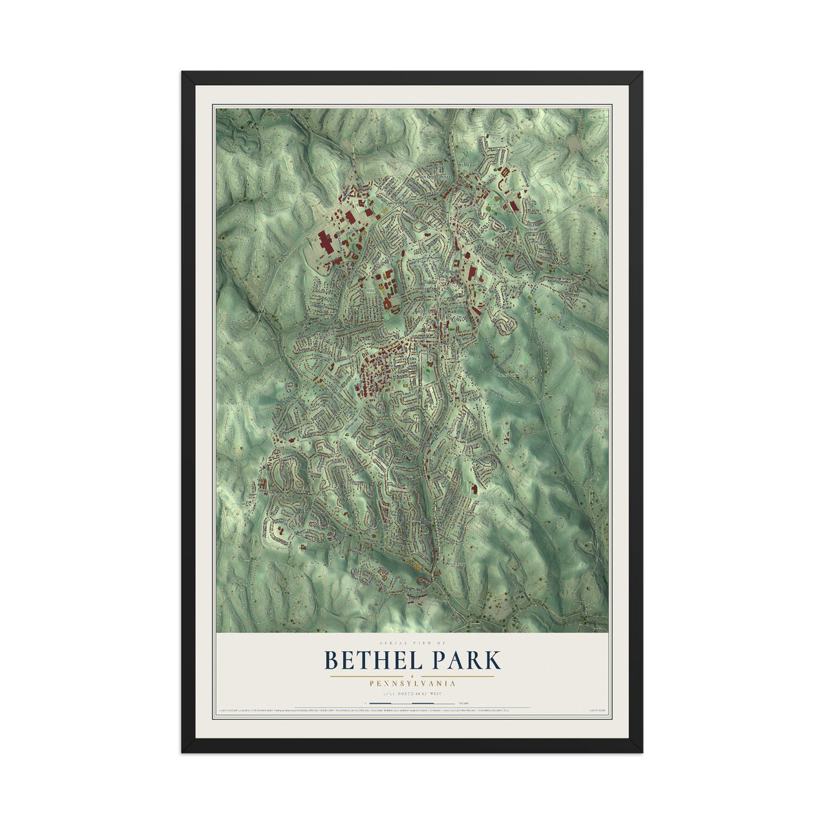 Map of Bethel Park, Pennsylvania, 12 x 18 inch print in a black wood frame