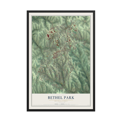 Map of Bethel Park, Pennsylvania, 12 x 18 inch print in a black wood frame