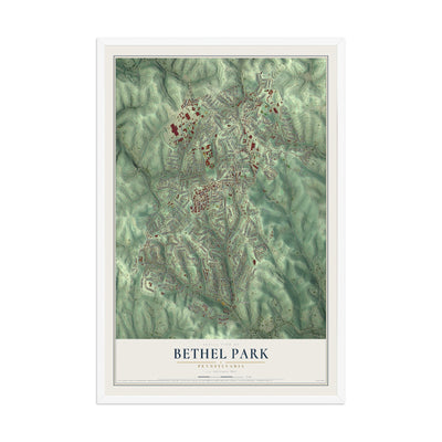 Map of Bethel Park, Pennsylvania, 12 x 18 inch print in a white wood frame