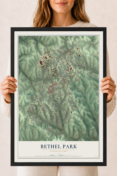 Map of Bethel Park, Pennsylvania, 18 x 24 inch print in a black wood frame