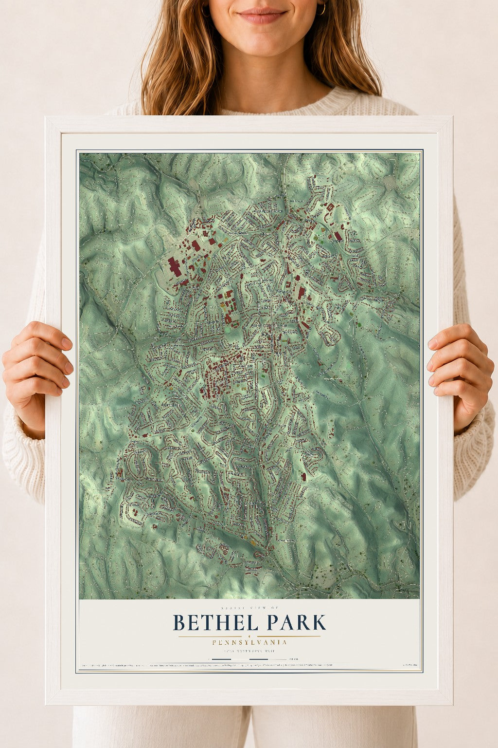 Map of Bethel Park, Pennsylvania, 18 x 24 inch print in a white wood frame