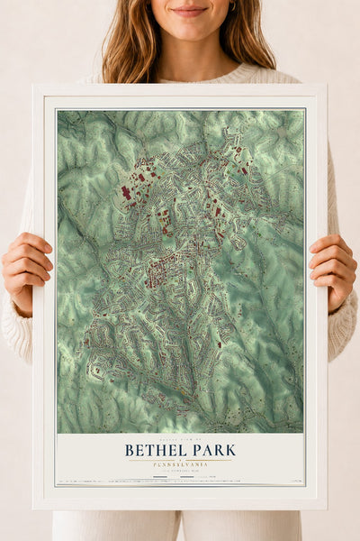 Map of Bethel Park, Pennsylvania, 18 x 24 inch print in a white wood frame