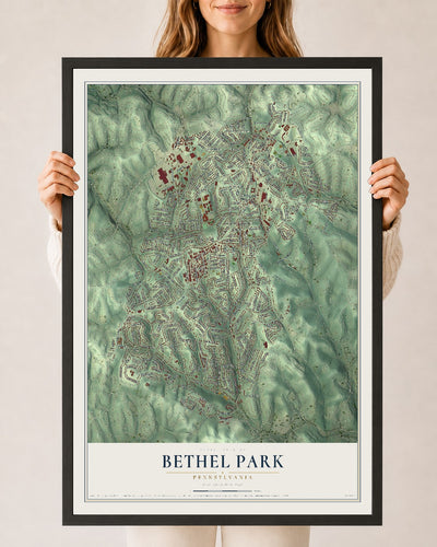 Map of Bethel Park, Pennsylvania, 24 x 36 inch print in a black wood frame