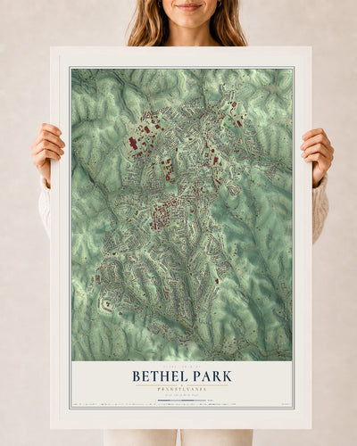 Map of Bethel Park, Pennsylvania, 24 x 36 inch print in a white wood frame
