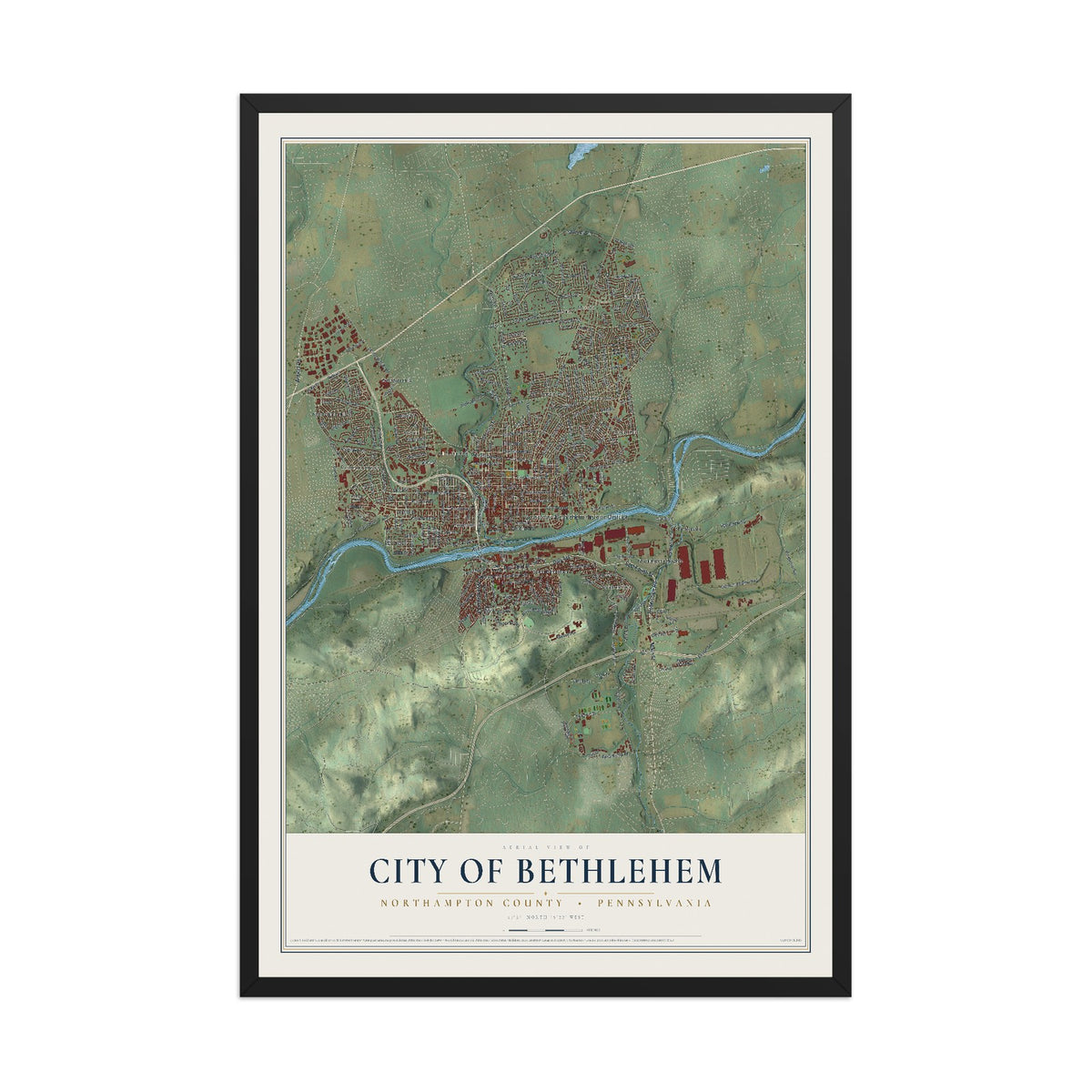 Map of the City of Bethlehem, Northampton County, Pennsylvania, 12 x 18 inch print in a black wood frame