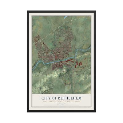 Map of the City of Bethlehem, Northampton County, Pennsylvania, 12 x 18 inch print in a black wood frame