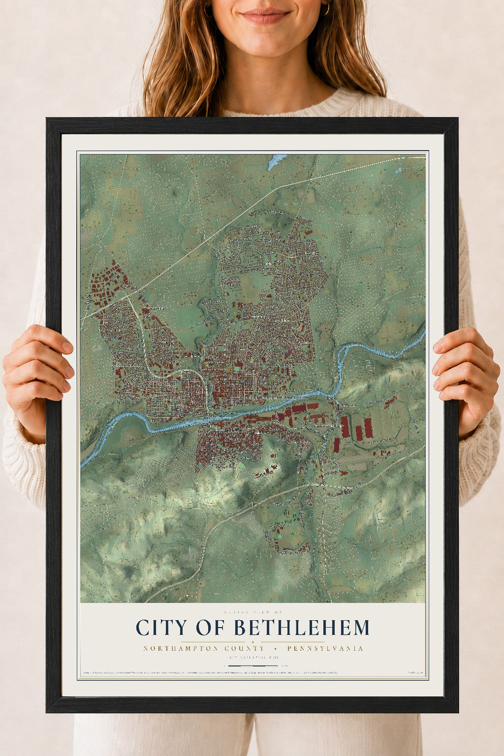 Map of the City of Bethlehem, Northampton County, Pennsylvania, 18 x 24 inch print in a black wood frame