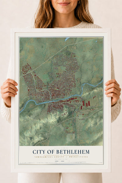 Map of the City of Bethlehem, Northampton County, Pennsylvania, 18 x 24 inch print in a white wood frame