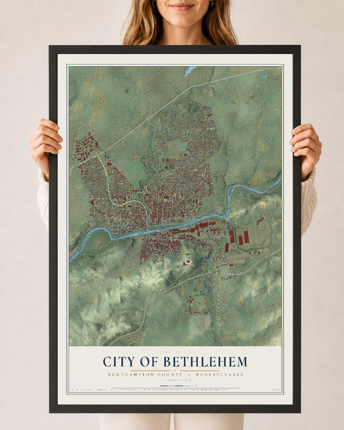Map of the City of Bethlehem, Northampton County, Pennsylvania, 24 x 36 inch print in a black wood frame