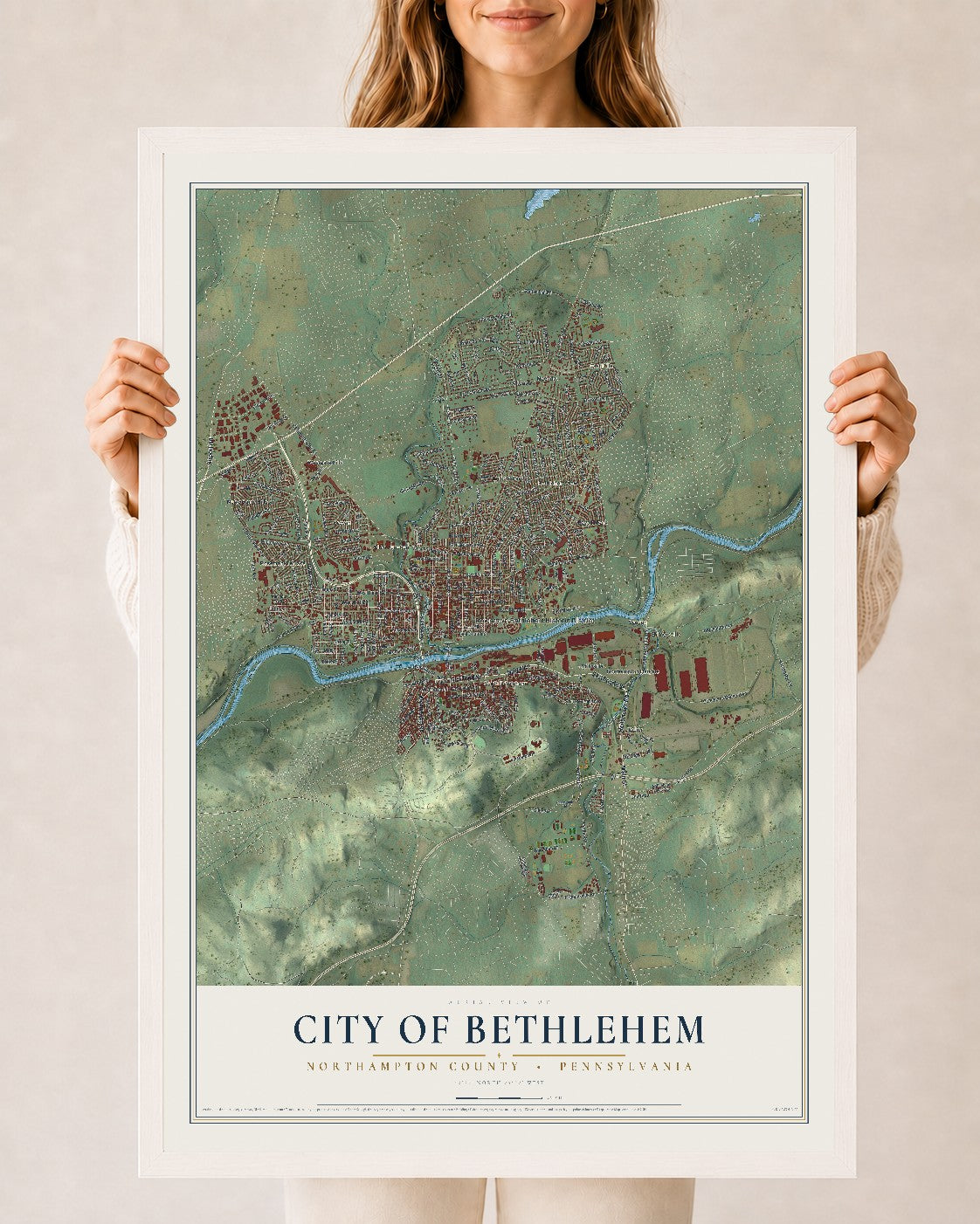 Map of the City of Bethlehem, Northampton County, Pennsylvania, 24 x 36 inch print in a white wood frame