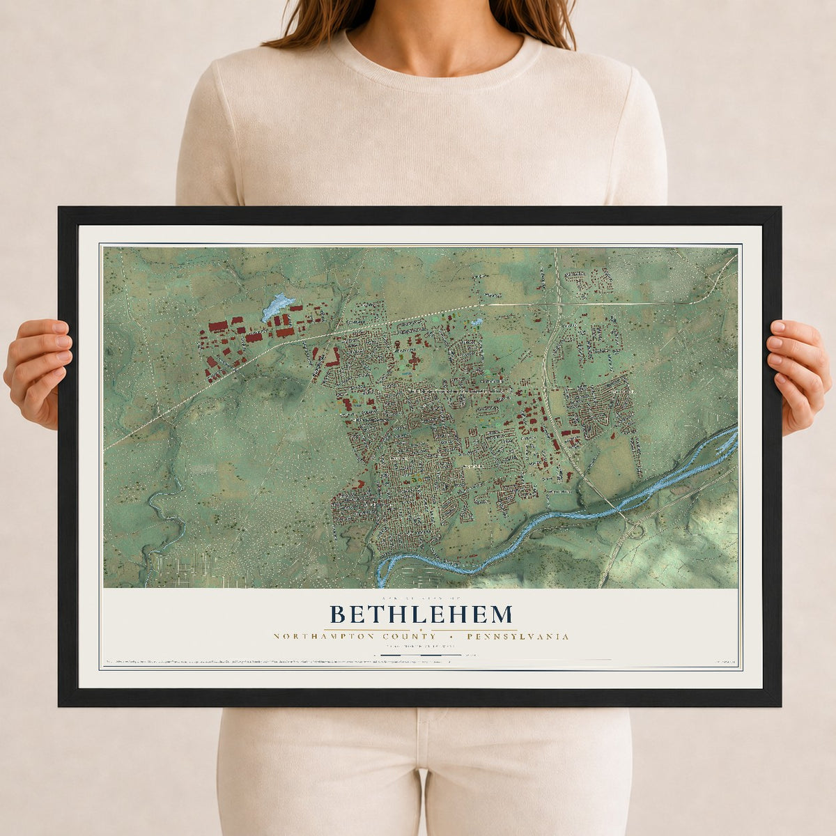 Map of Bethlehem, Northampton County, Pennsylvania, 12 x 18 inch print in a black wood frame