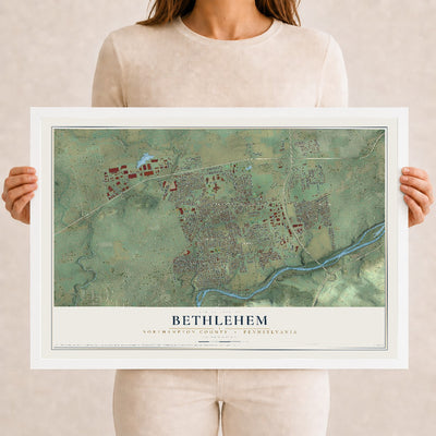 Map of Bethlehem, Northampton County, Pennsylvania, 12 x 18 inch print in a white wood frame