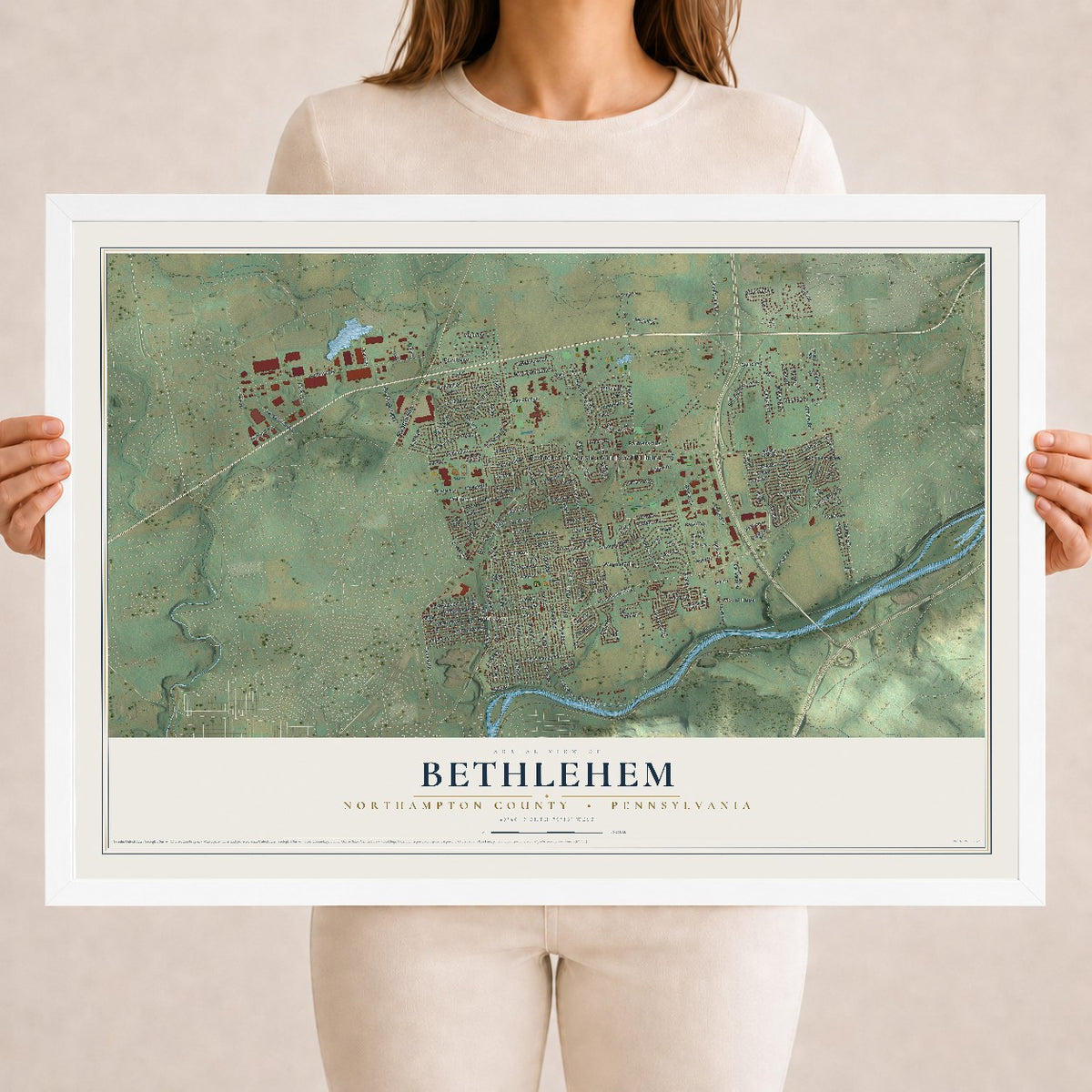 Map of Bethlehem, Northampton County, Pennsylvania, 18 x 24 inch print in a white wood frame