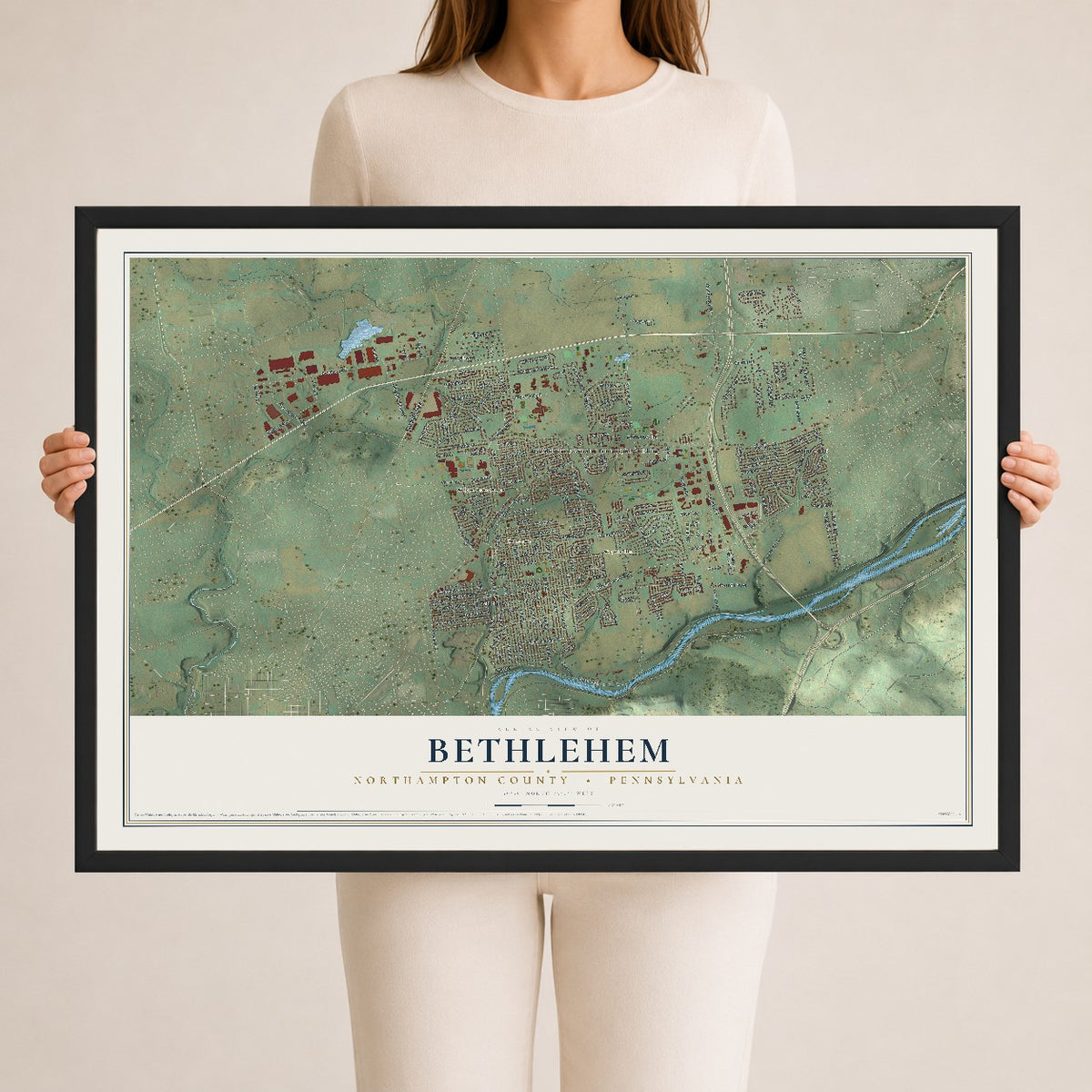 Map of Bethlehem, Northampton County, Pennsylvania, 24 x 36 inch print in a black wood frame