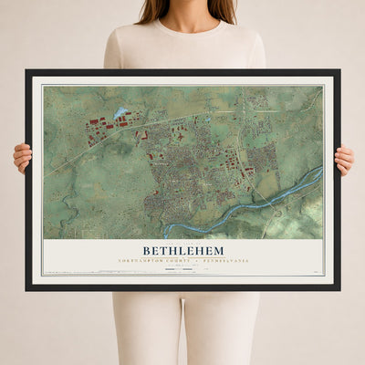 Map of Bethlehem, Northampton County, Pennsylvania, 24 x 36 inch print in a black wood frame