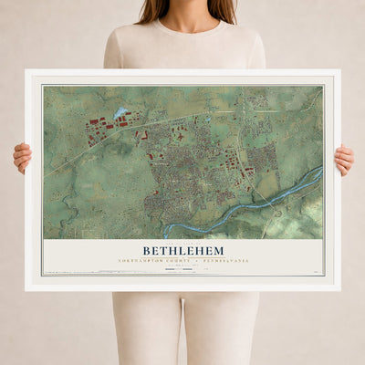 Map of Bethlehem, Northampton County, Pennsylvania, 24 x 36 inch print in a white wood frame