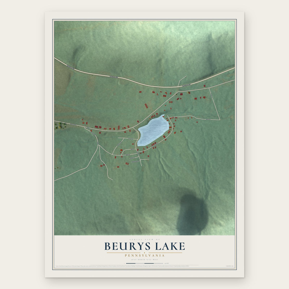 Beurys Lake, Pennsylvania map print, the full design