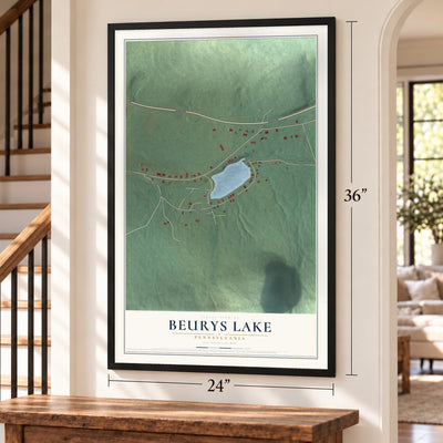 Beurys Lake, Pennsylvania map, 24 x 36 inch print in a black frame by a staircase