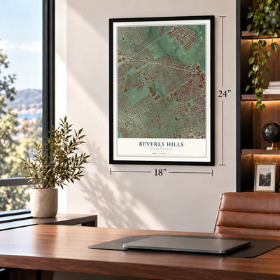 Beverly Hills, Pennsylvania map, 18 x 24 inch print in a black frame in a home office