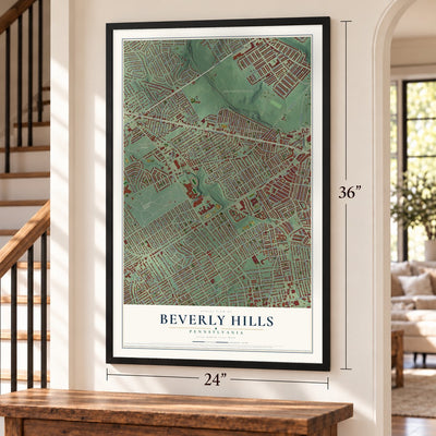 Beverly Hills, Pennsylvania map, 24 x 36 inch print in a black frame by a staircase