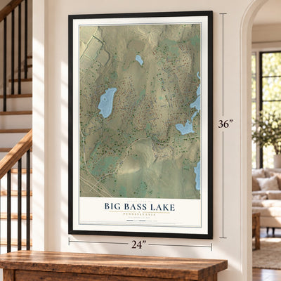 Big Bass Lake, Pennsylvania map, 24 x 36 inch print in a black frame by a staircase