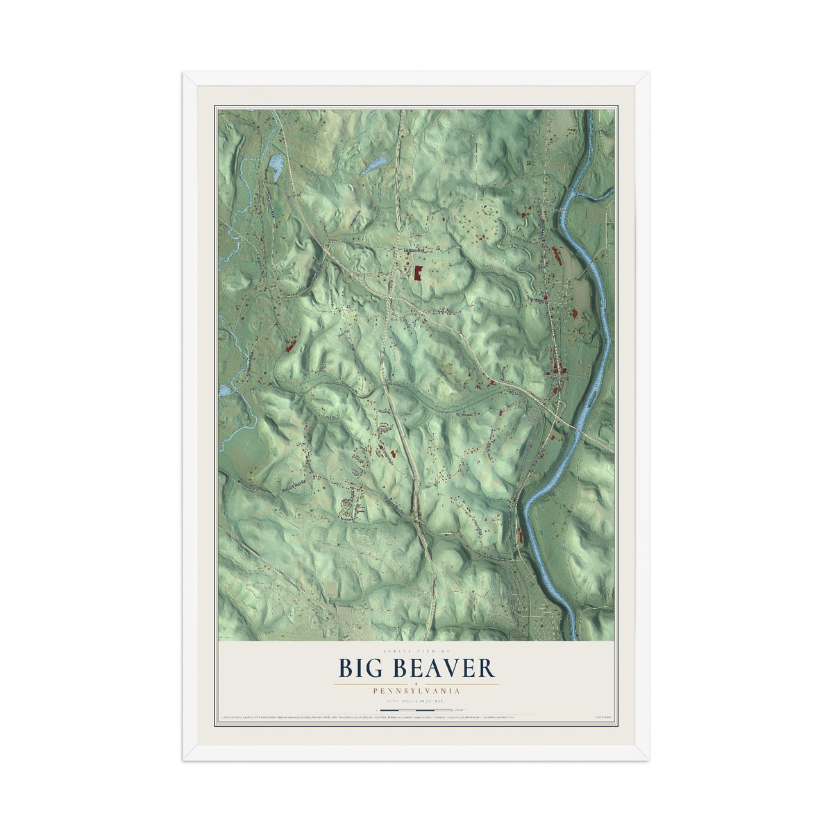 Map of Big Beaver, Pennsylvania, 12 x 18 inch print in a white wood frame
