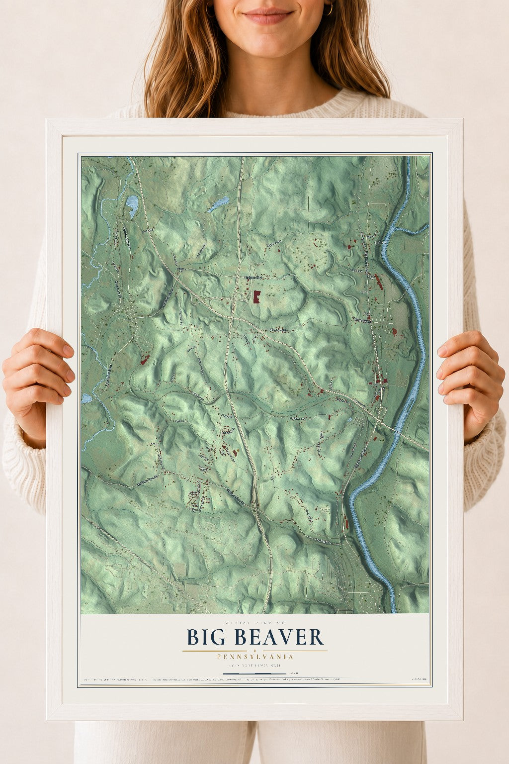 Map of Big Beaver, Pennsylvania, 18 x 24 inch print in a white wood frame