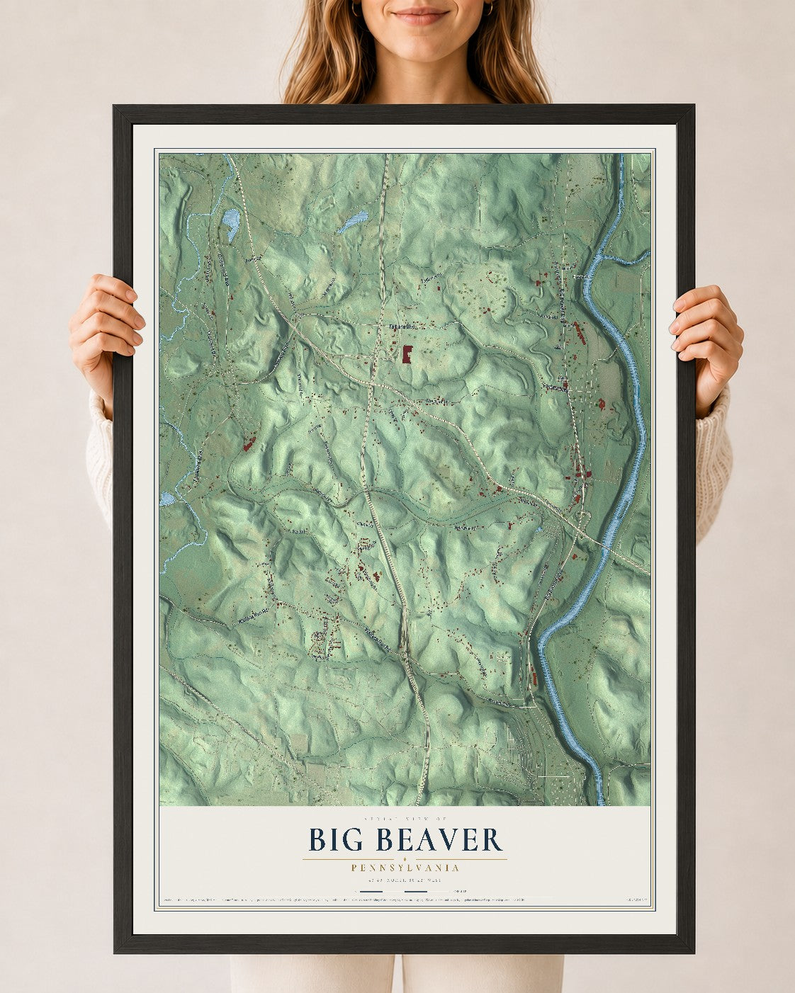 Map of Big Beaver, Pennsylvania, 24 x 36 inch print in a black wood frame