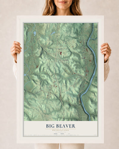Map of Big Beaver, Pennsylvania, 24 x 36 inch print in a white wood frame