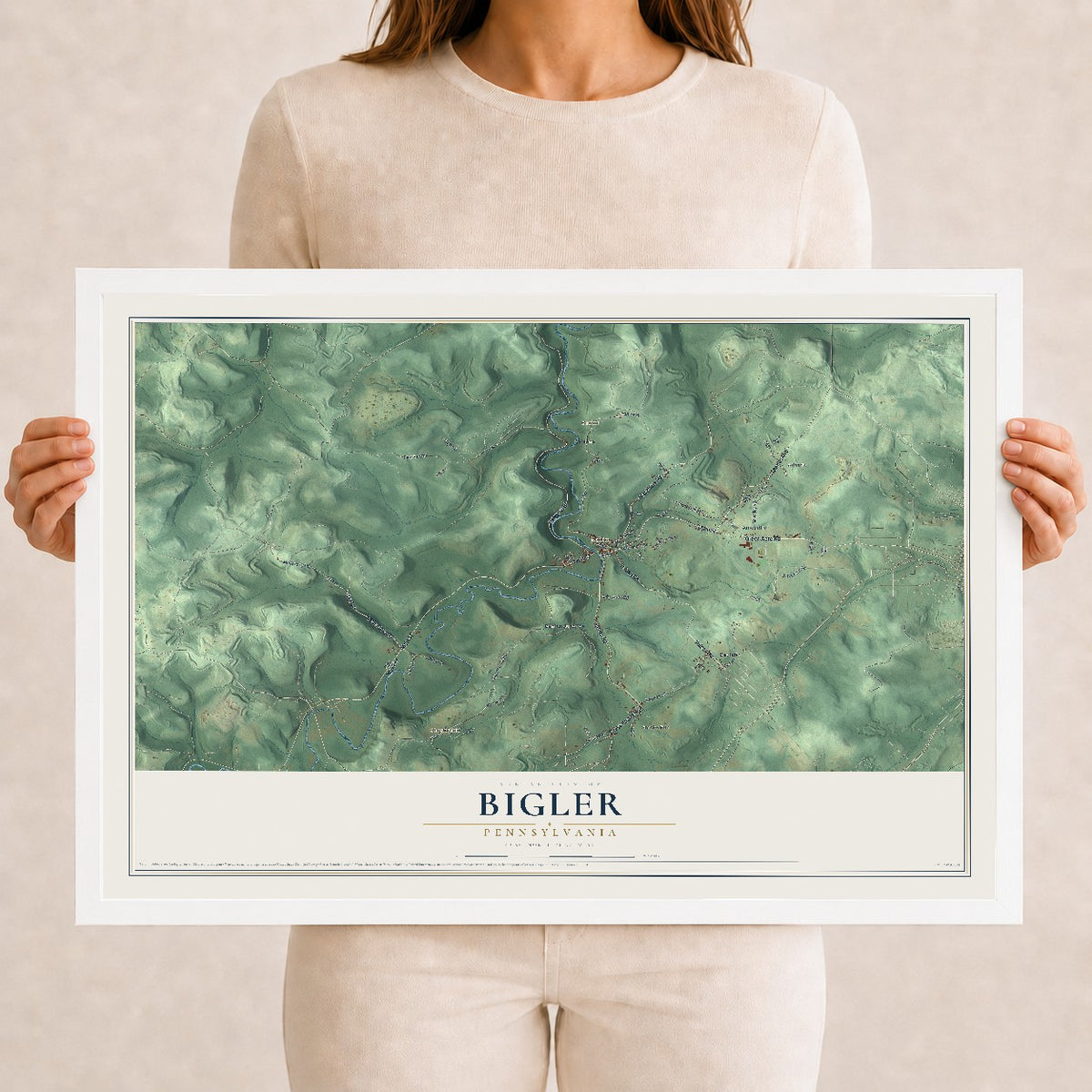 Map of Bigler, Pennsylvania, 12 x 18 inch print in a white wood frame