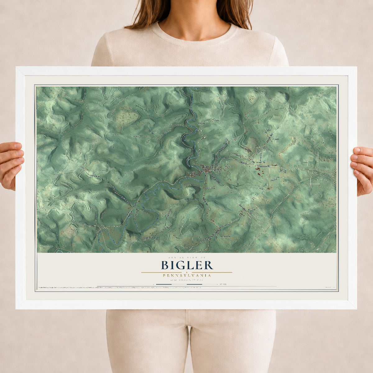 Map of Bigler, Pennsylvania, 18 x 24 inch print in a white wood frame