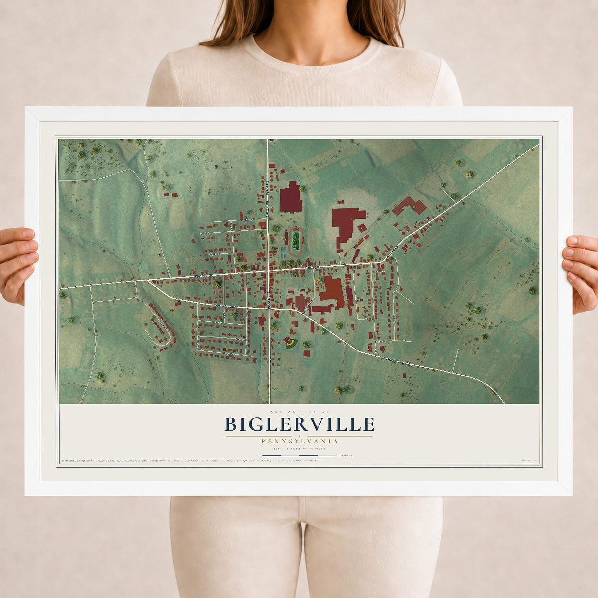 Map of Biglerville, Pennsylvania, 18 x 24 inch print in a white wood frame