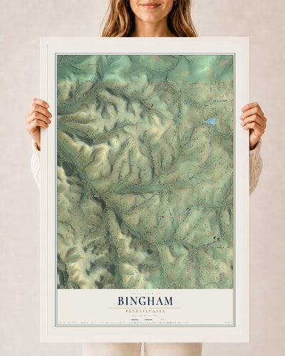 Map of Bingham, Pennsylvania, 24 x 36 inch print in a white wood frame