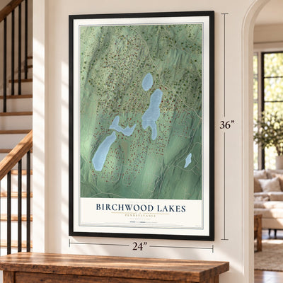 Birchwood Lakes, Pennsylvania map, 24 x 36 inch print in a black frame by a staircase